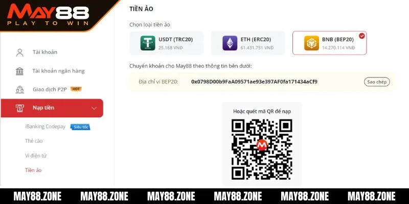Nạp tiền MAY88 - Quy trình gửi vốn cược vào tài khoản 3 Gửi tiền bằng Bitcoin